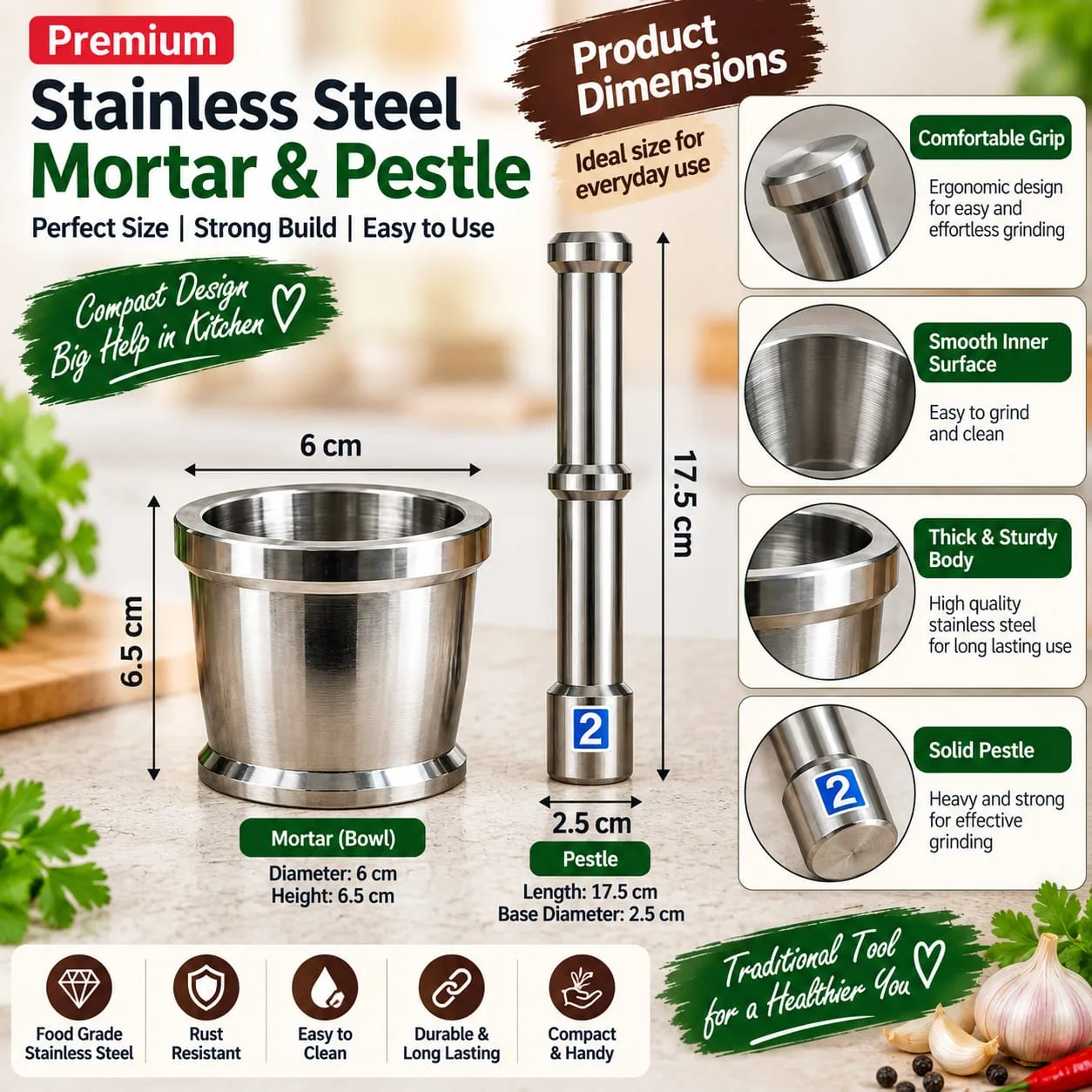 Stainless Steel Manual Mortar & Pestle – Heavy-Duty Kitchen Grinder 2