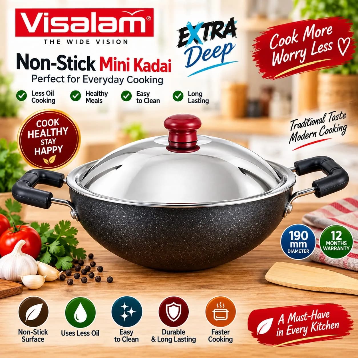 Visalam Non-Stick Mini Kadai with Stainless Steel Lid 3