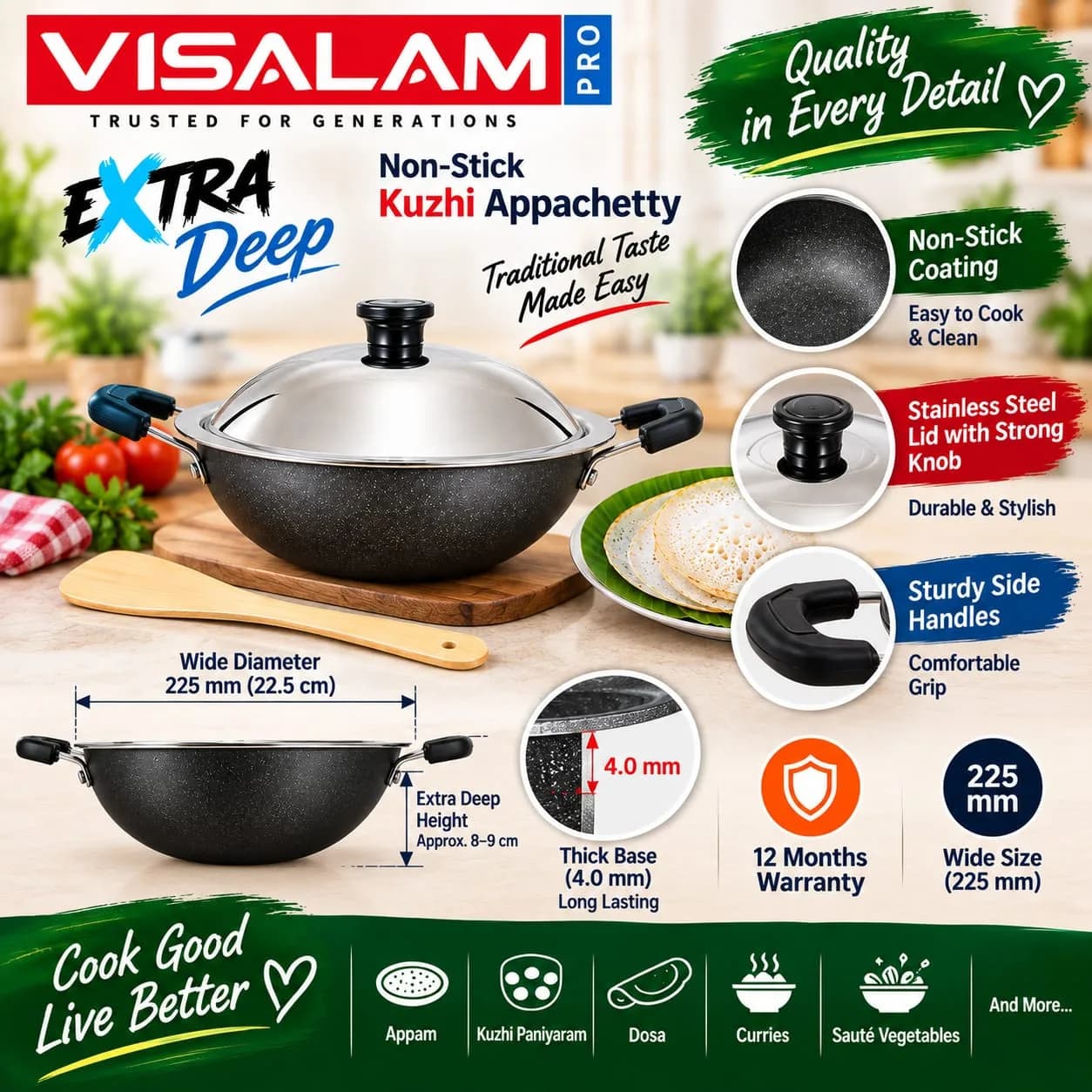 Visalam Pro Extra Deep Non-Stick Kuzhi Appachetty – 225 mm 5