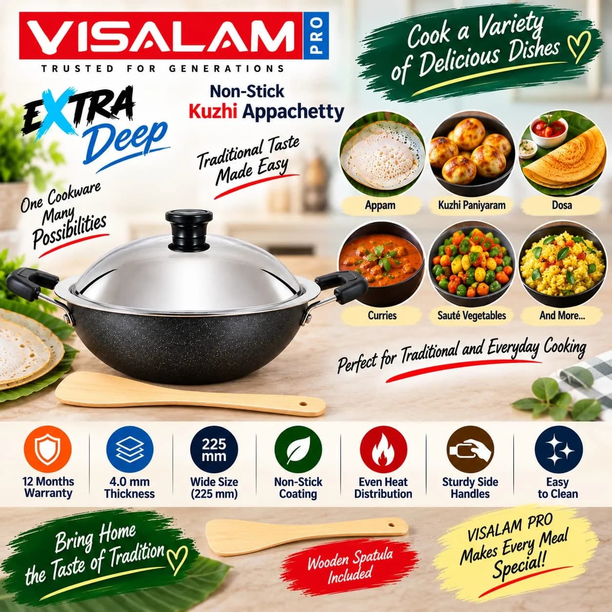 Visalam Pro Extra Deep Non-Stick Kuzhi Appachetty – 225 mm 4