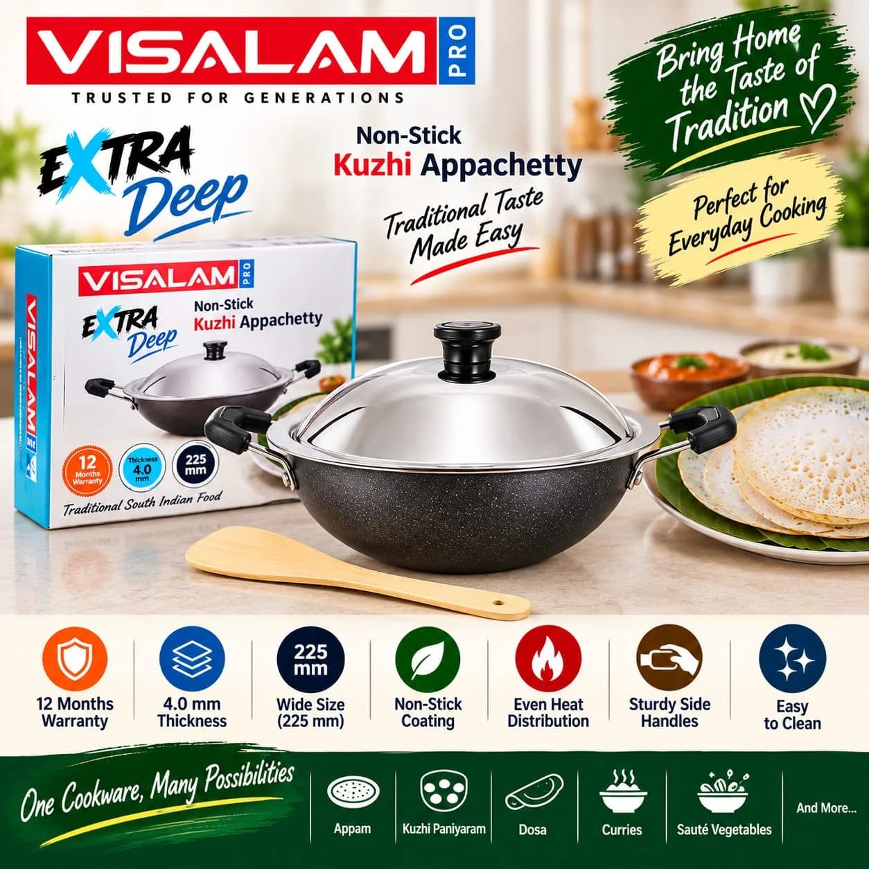 Visalam Pro Extra Deep Non-Stick Kuzhi Appachetty – 225 mm 3