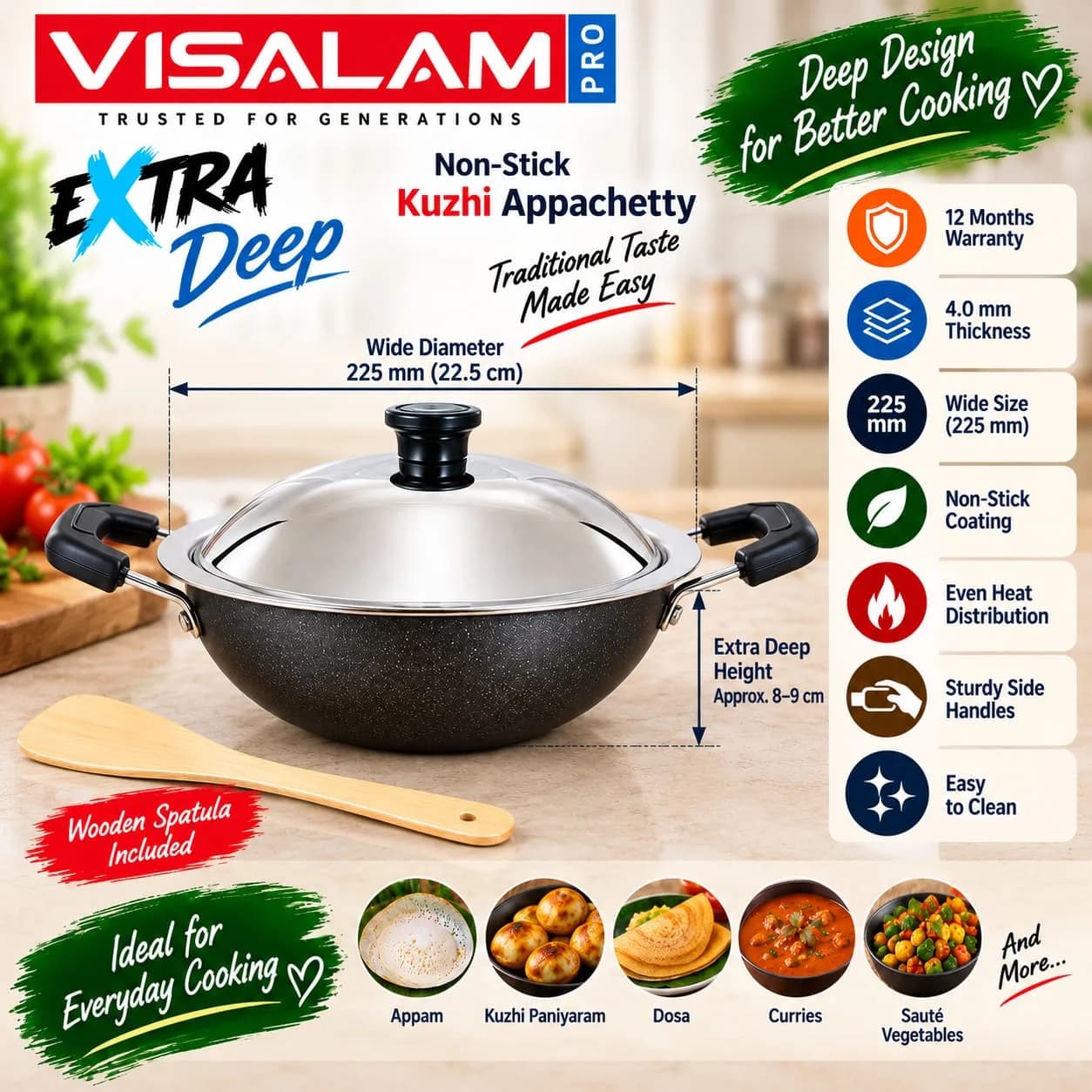 Visalam Pro Extra Deep Non-Stick Kuzhi Appachetty – 225 mm