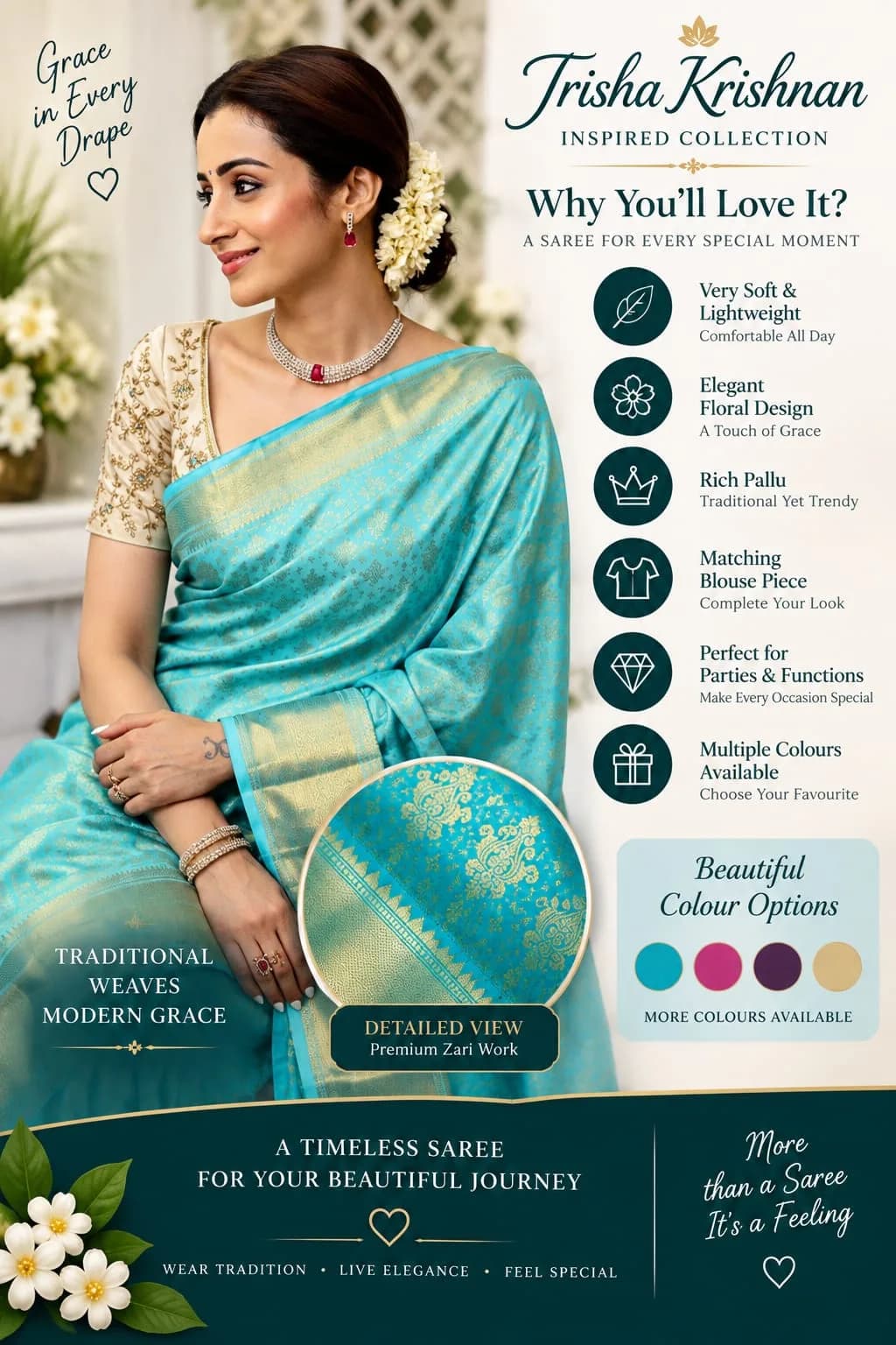 Trisha Krishnan Inspired Premium Soft Silk Party Wear Saree 6