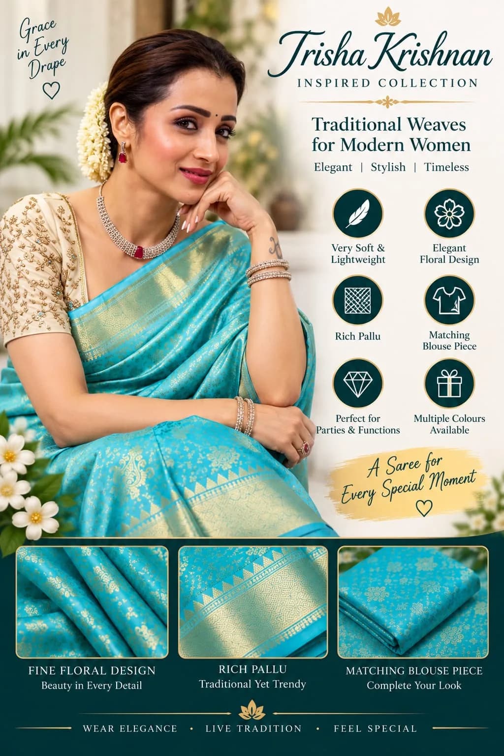 Trisha Krishnan Inspired Premium Soft Silk Party Wear Saree 2
