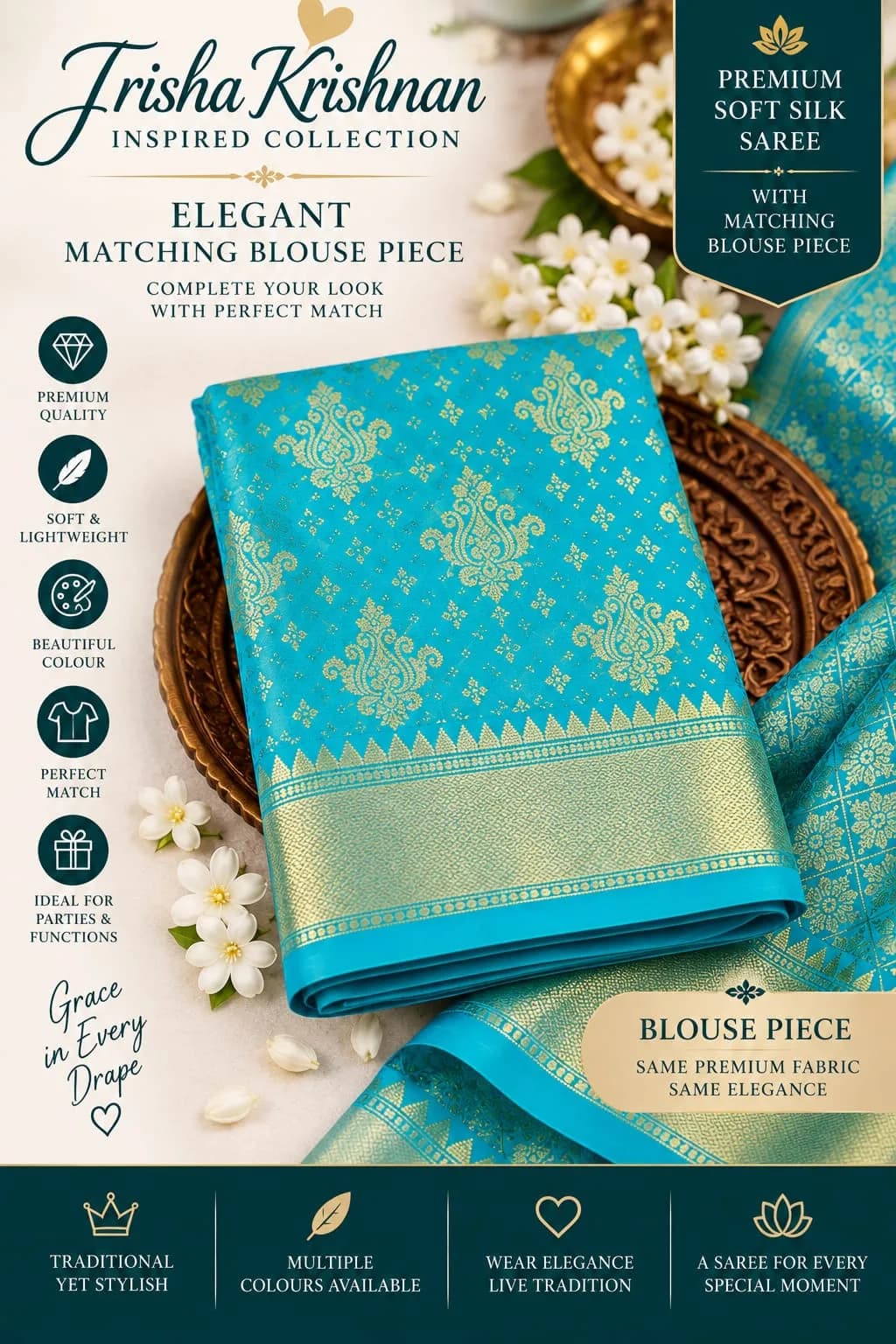 Trisha Krishnan Inspired Premium Soft Silk Party Wear Saree