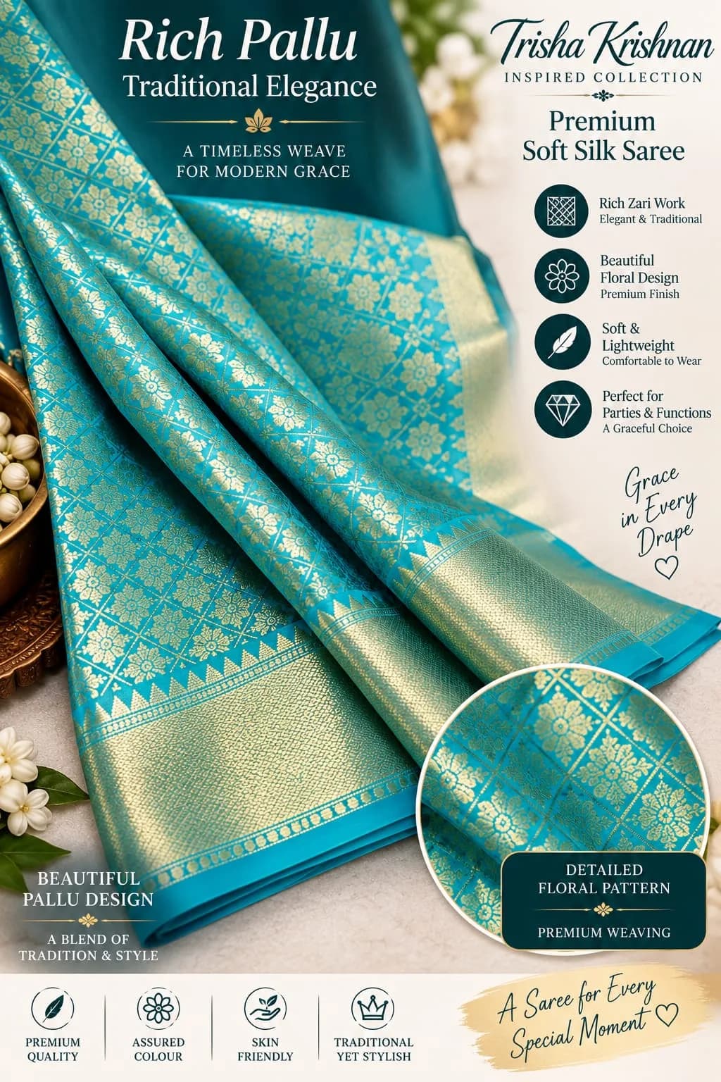 Trisha Krishnan Inspired Premium Soft Silk Party Wear Saree 5