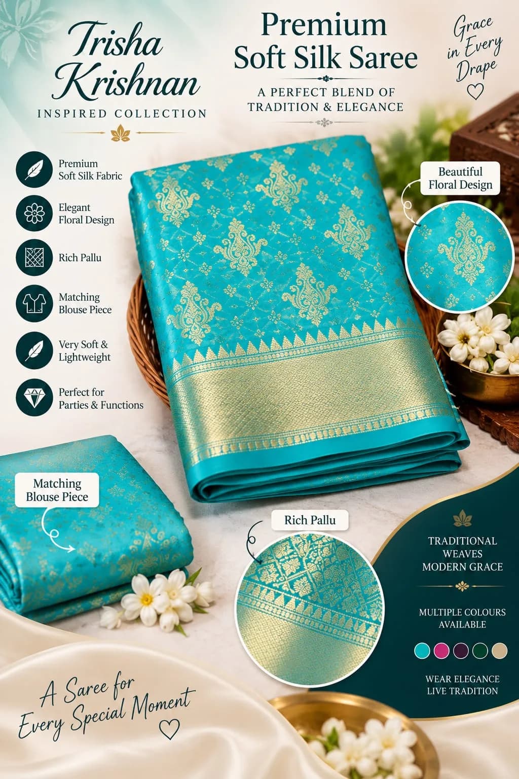 Trisha Krishnan Inspired Premium Soft Silk Party Wear Saree 4