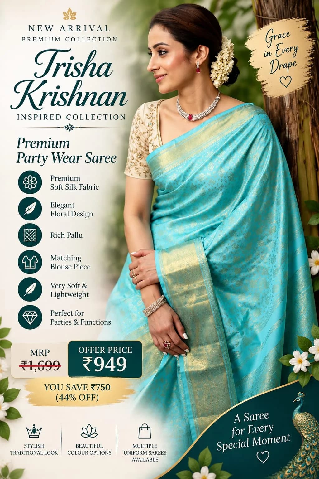 Trisha Krishnan Inspired Premium Soft Silk Party Wear Saree 3