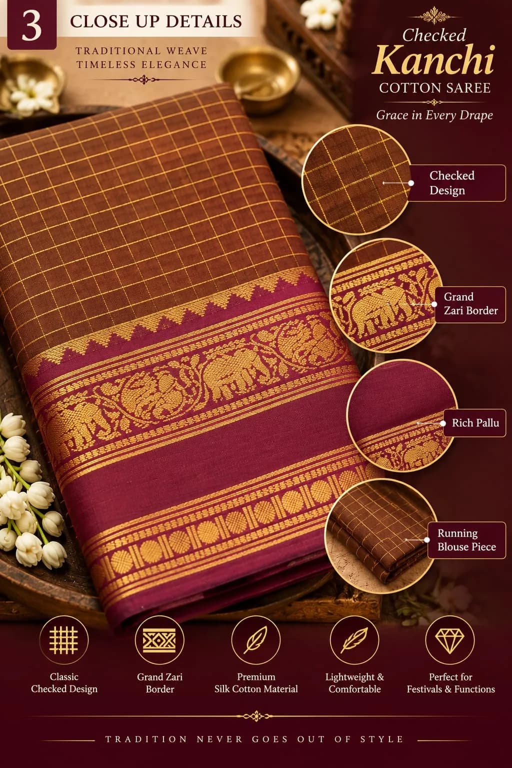 CHECKED KANCHI COTTON SAREE 6