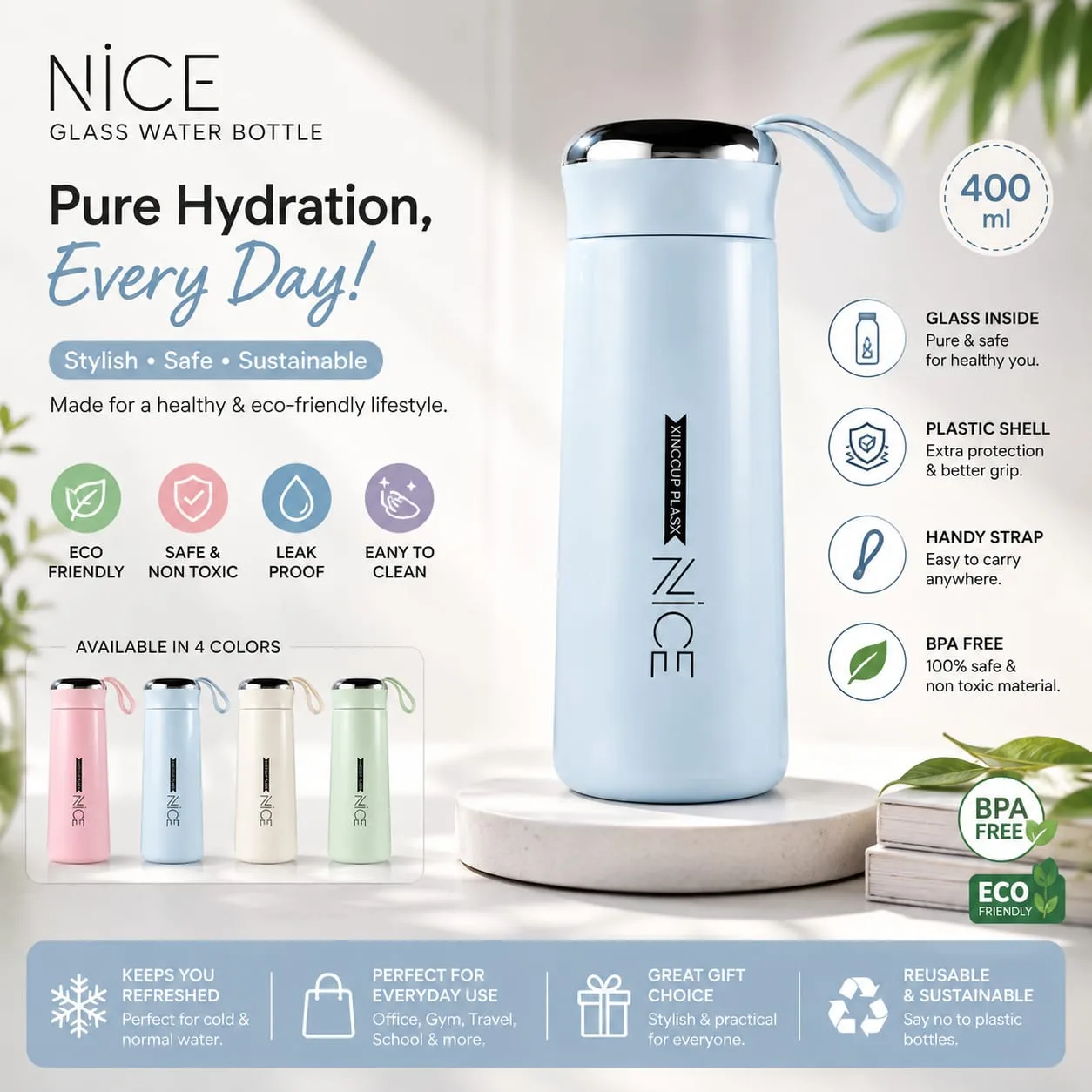 NICE 400 ML Glass Water Bottle – Stylish, BPA Free & Leak-Proof