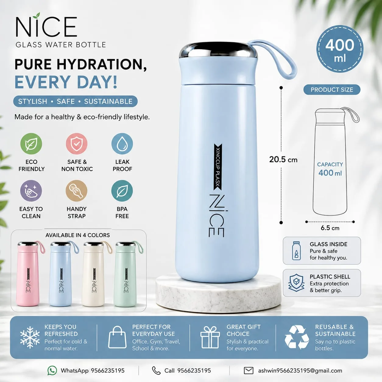 NICE 400 ML Glass Water Bottle – Stylish, BPA Free & Leak-Proof 2