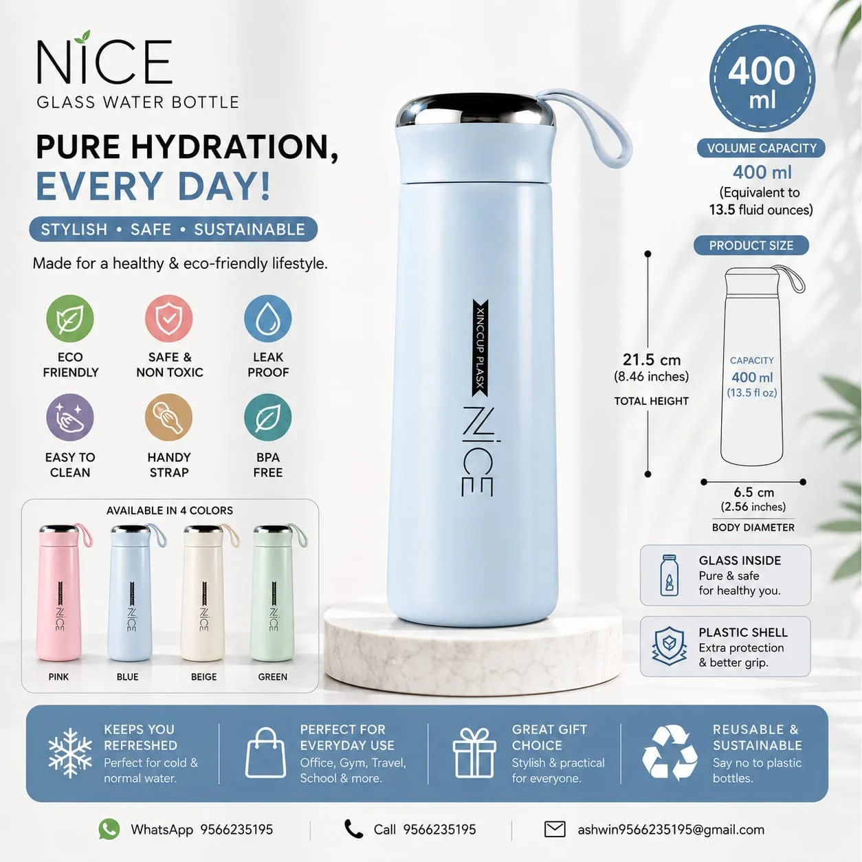 NICE 400 ML Glass Water Bottle – Stylish, BPA Free & Leak-Proof 3