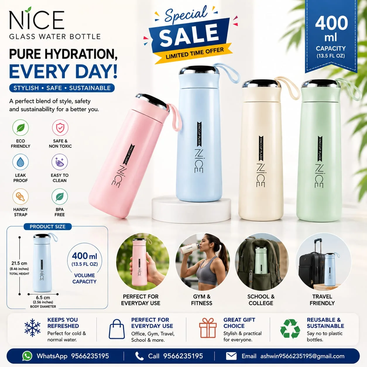 NICE 400 ML Glass Water Bottle – Stylish, BPA Free & Leak-Proof 4