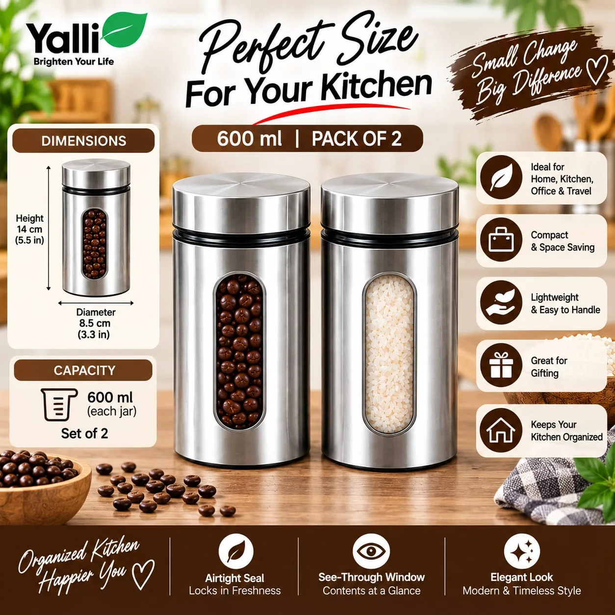 Stainless Steel Coated Glass Canister Kitchen Storage Jar – 600 ml (2 Pcs)