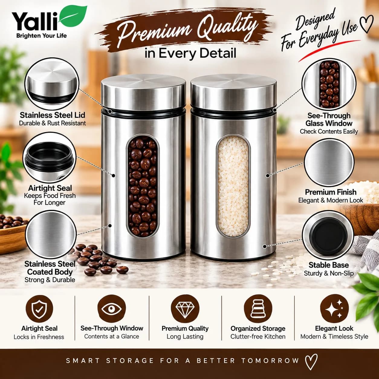 Stainless Steel Coated Glass Canister Kitchen Storage Jar – 600 ml (2 Pcs) 3