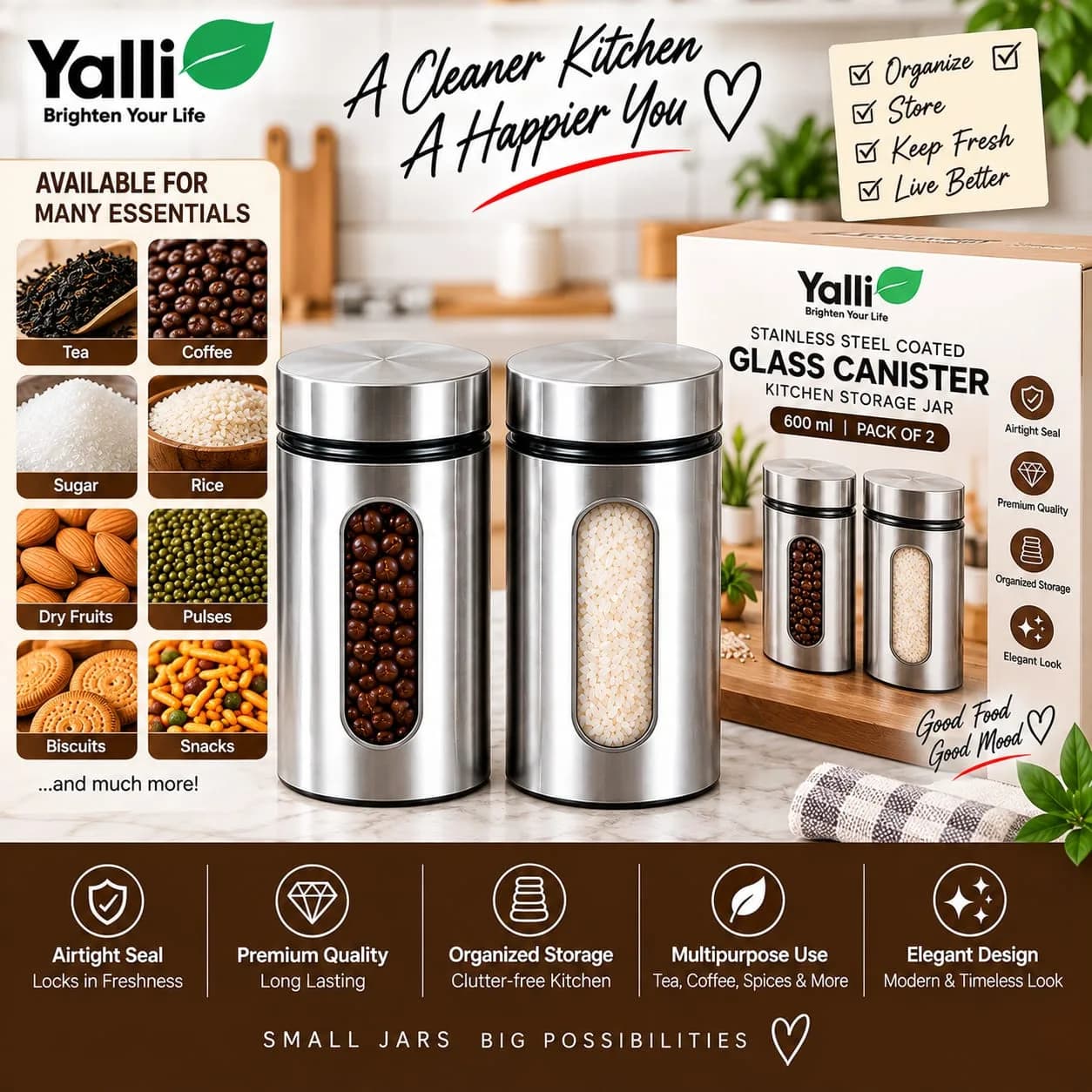 Stainless Steel Coated Glass Canister Kitchen Storage Jar – 600 ml (2 Pcs) 2