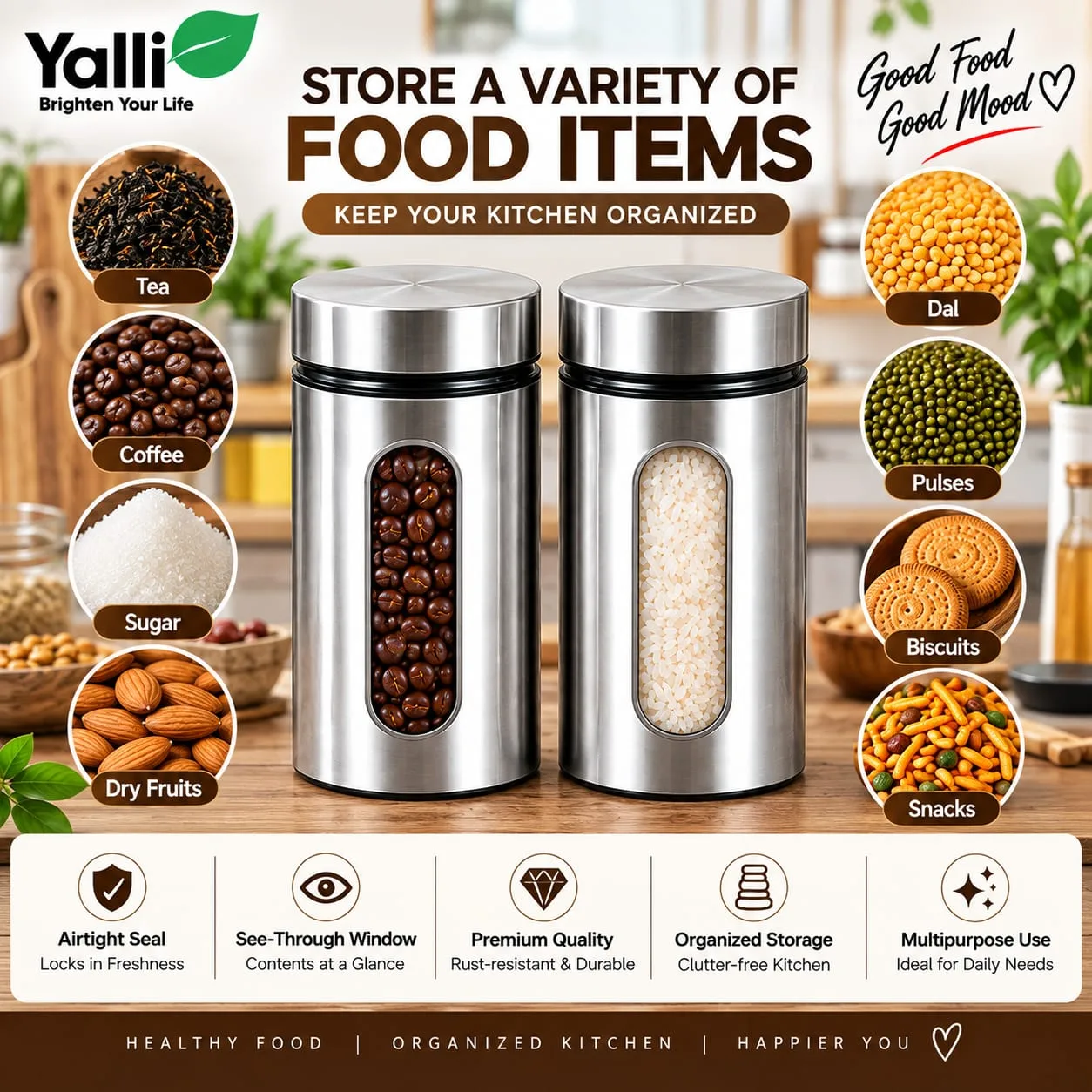 Stainless Steel Coated Glass Canister Kitchen Storage Jar – 600 ml (2 Pcs) 5
