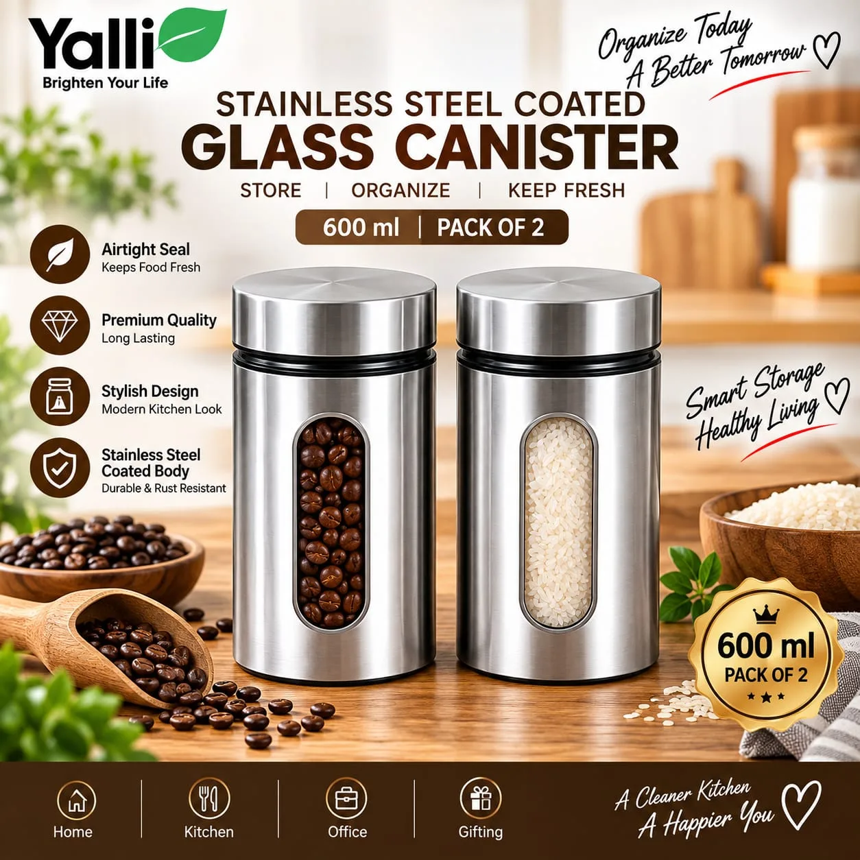 Stainless Steel Coated Glass Canister Kitchen Storage Jar – 600 ml (2 Pcs) 6