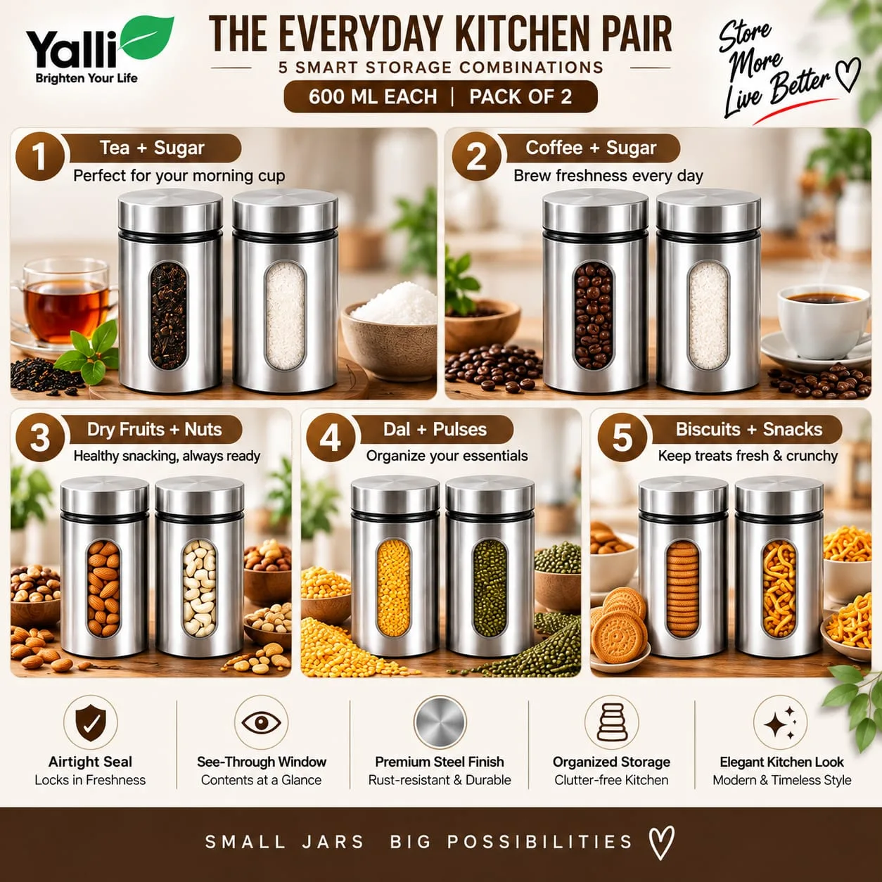 Stainless Steel Coated Glass Canister Kitchen Storage Jar – 600 ml (2 Pcs) 4