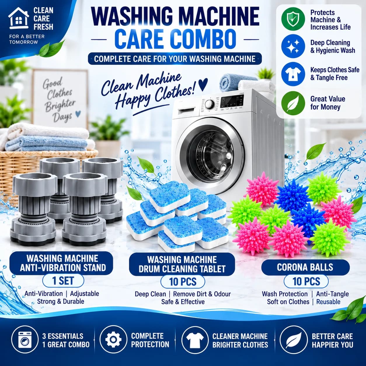 *Washing Machine Care Combo – Anti-Vibration Stand + Drum Cleaning Tablets + Corona Balls*