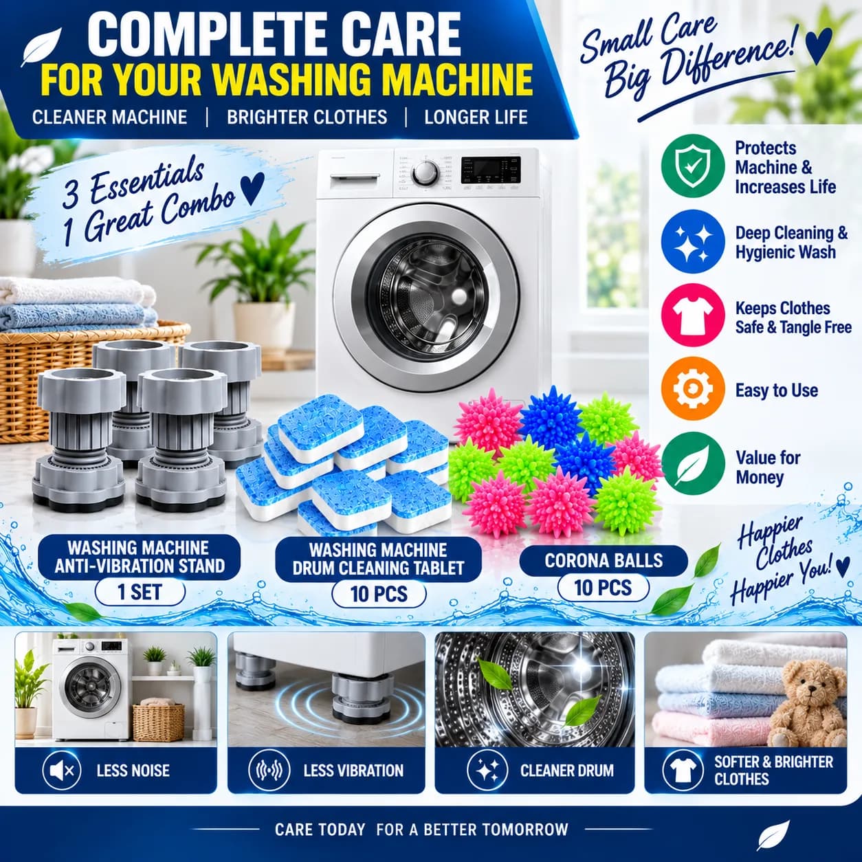 *Washing Machine Care Combo – Anti-Vibration Stand + Drum Cleaning Tablets + Corona Balls* 5