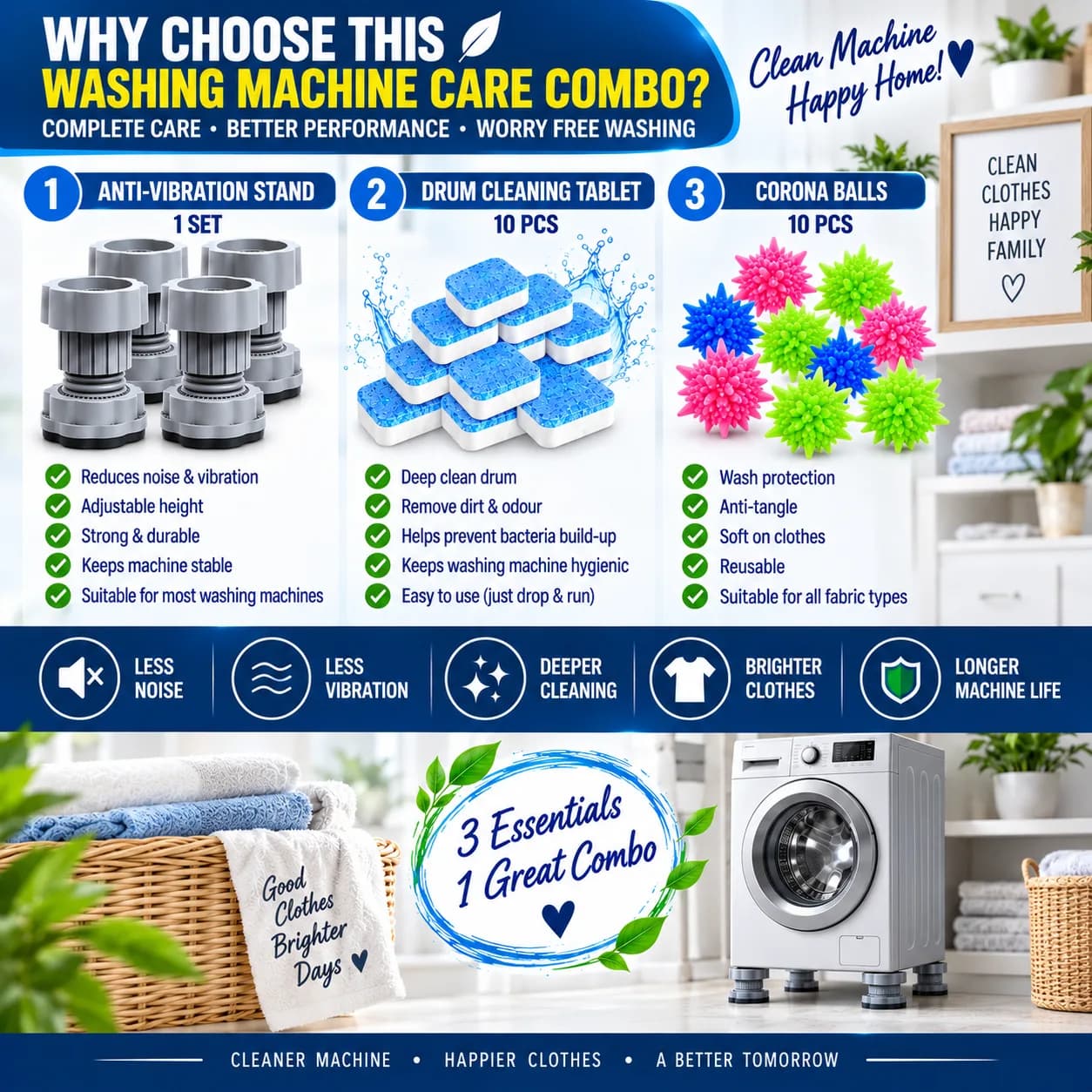 *Washing Machine Care Combo – Anti-Vibration Stand + Drum Cleaning Tablets + Corona Balls* 6