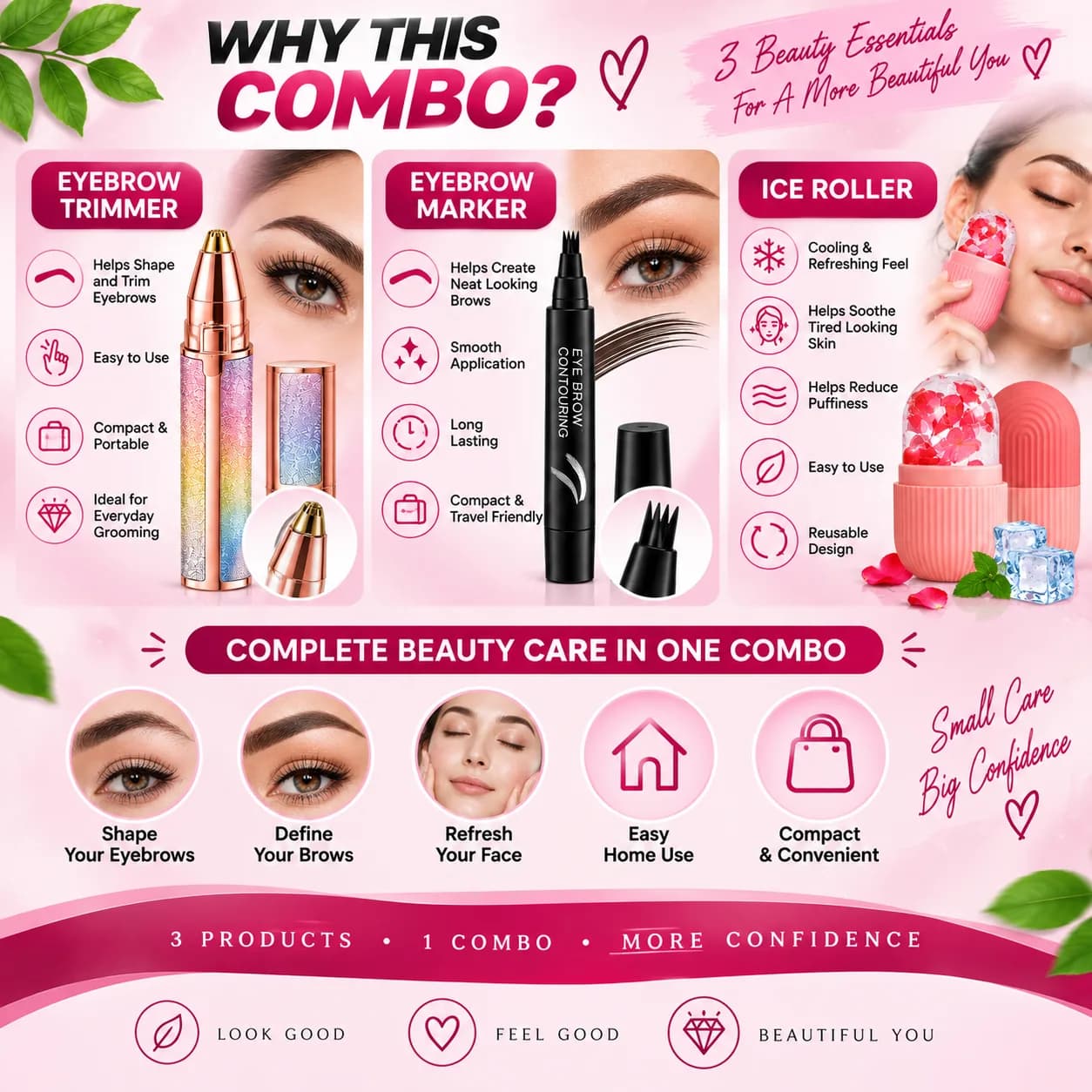 *3-in-1 Beauty Care Combo – Eyebrow Trimmer, Eyebrow Marker & Ice Roller* 3