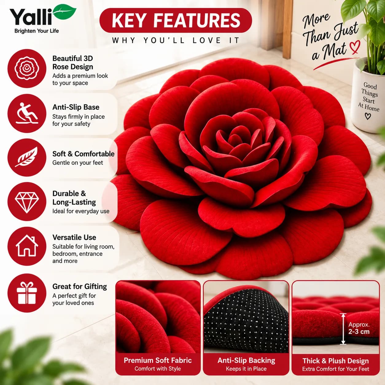 3D Royal Red Rose Floor Anti-Slip Mat