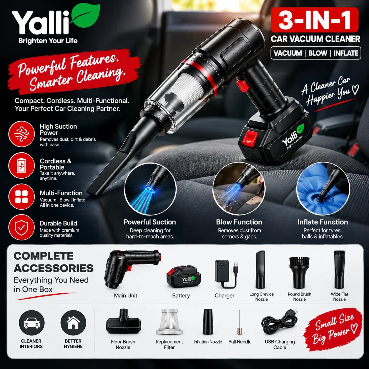 3-in-1 Car Vacuum Cleaner – Vacuum, Blow & Inflate