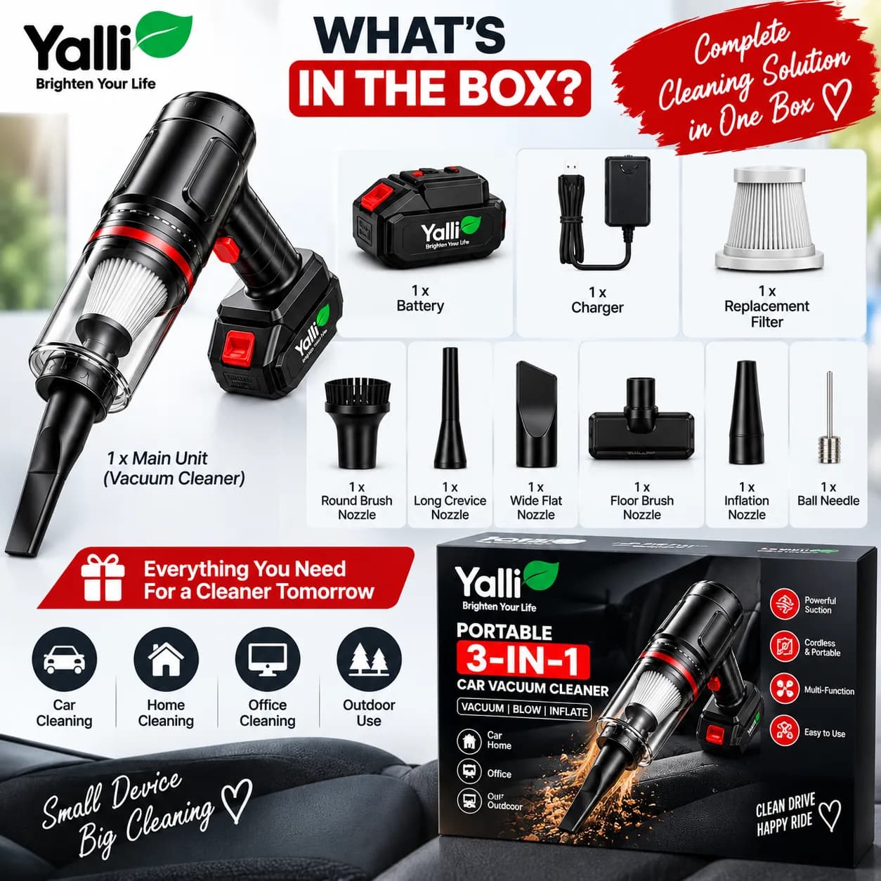 3-in-1 Car Vacuum Cleaner – Vacuum, Blow & Inflate 3