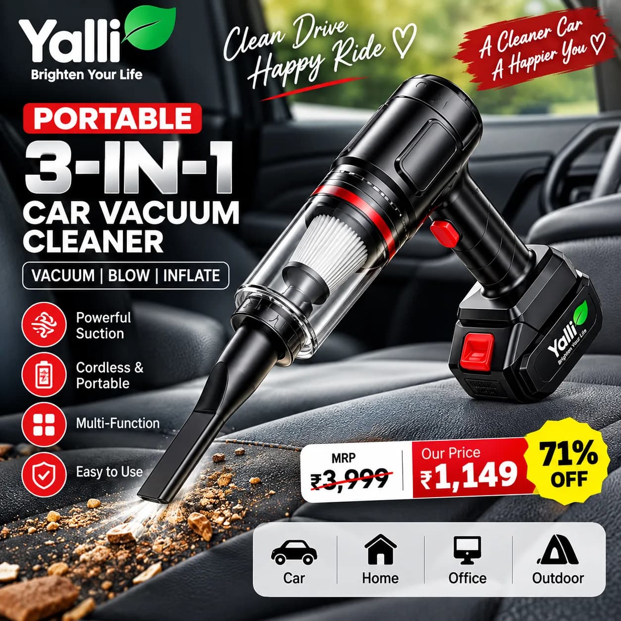 3-in-1 Car Vacuum Cleaner – Vacuum, Blow & Inflate 2