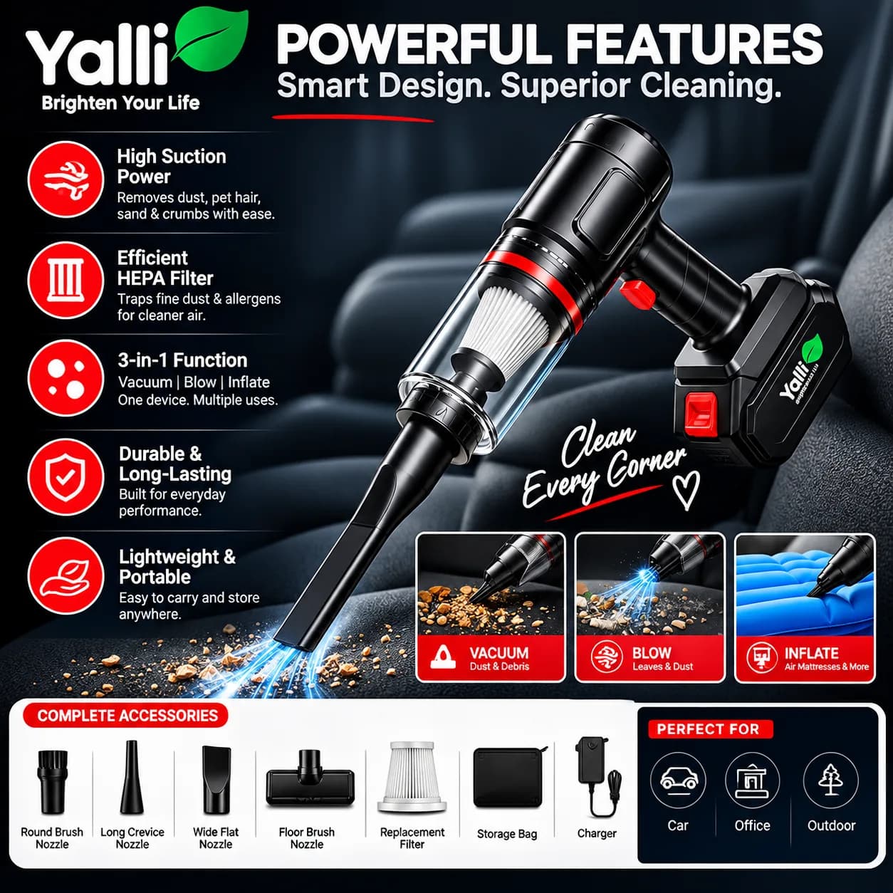 3-in-1 Car Vacuum Cleaner – Vacuum, Blow & Inflate 4