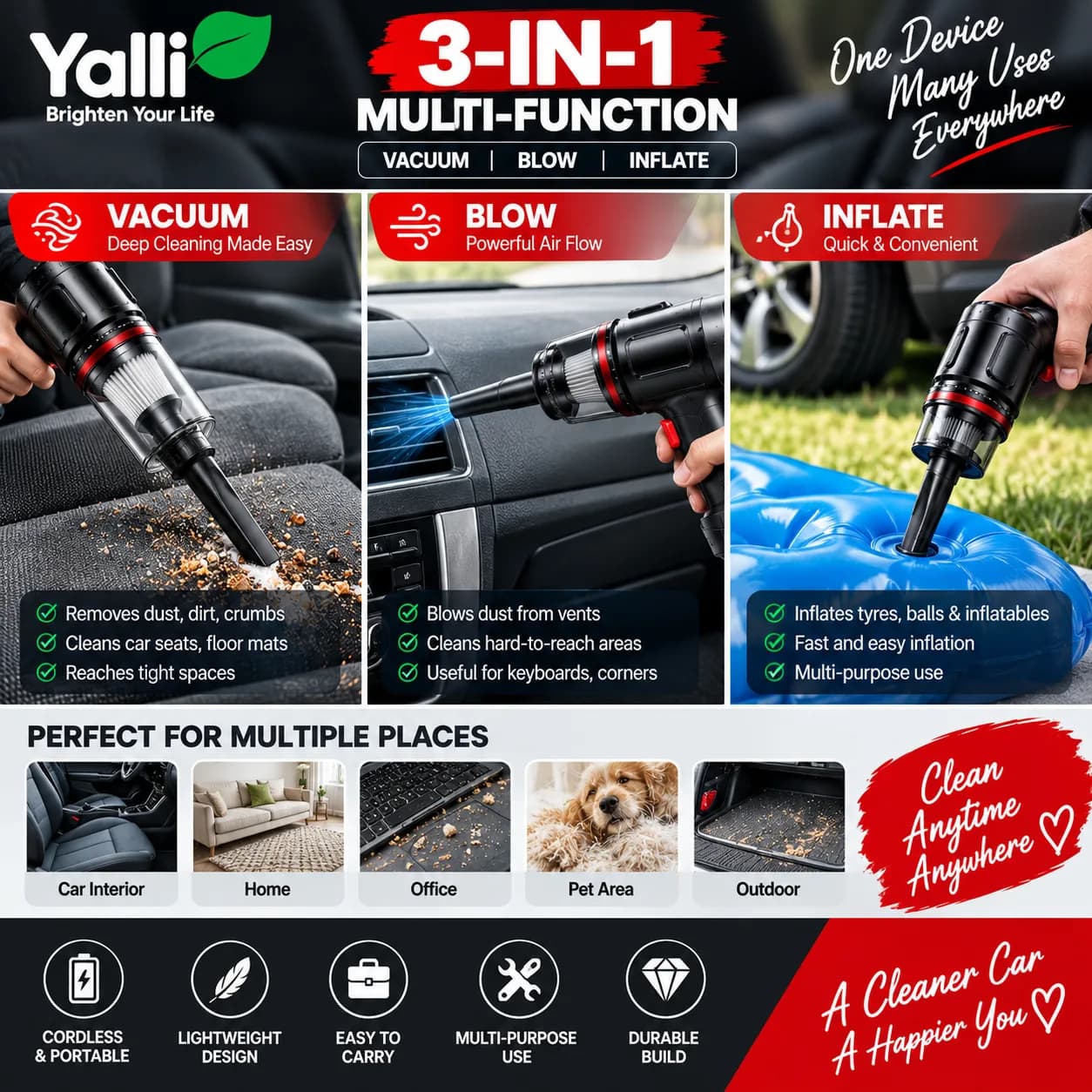 3-in-1 Car Vacuum Cleaner – Vacuum, Blow & Inflate 5