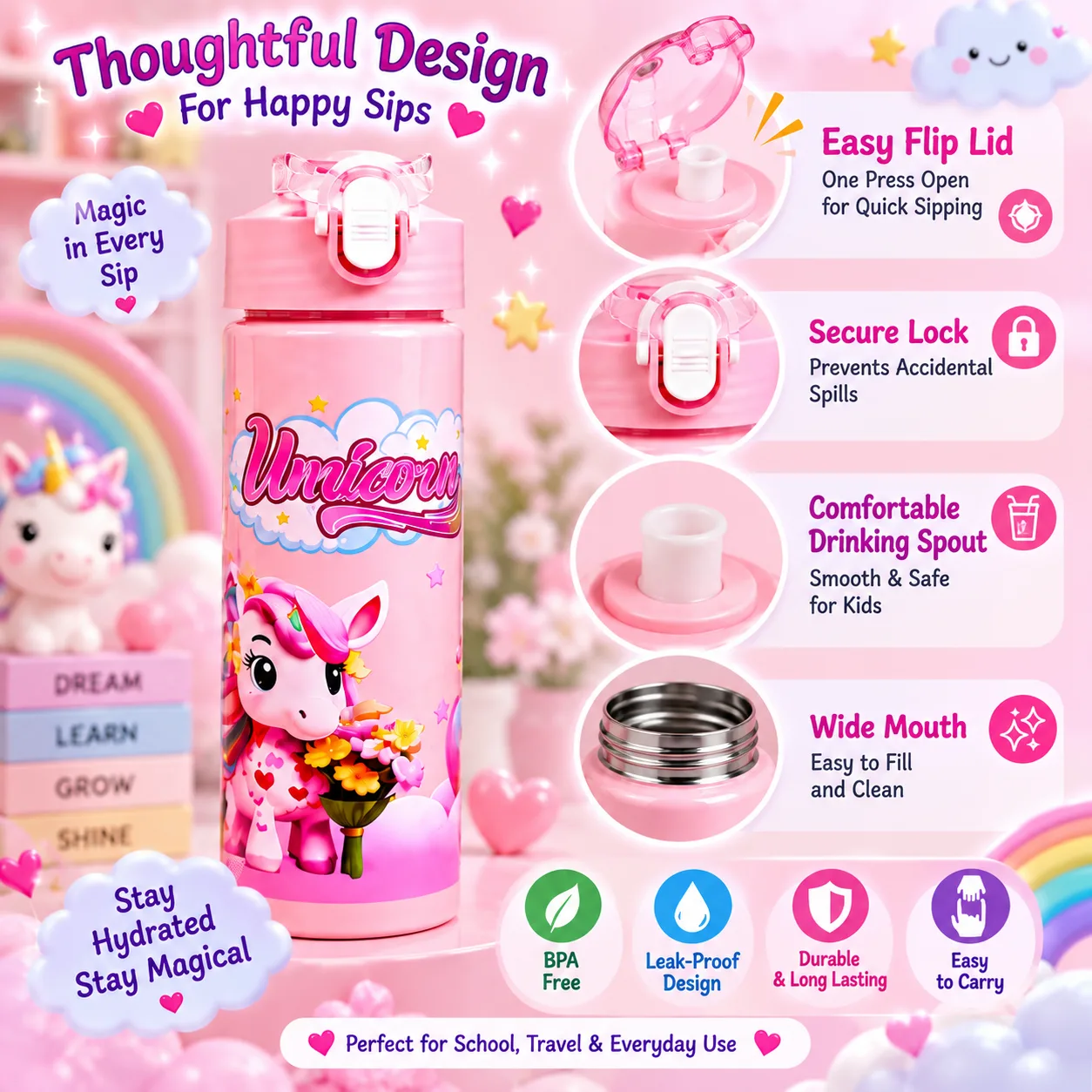Unicorn Printed Water Bottle – 900ml