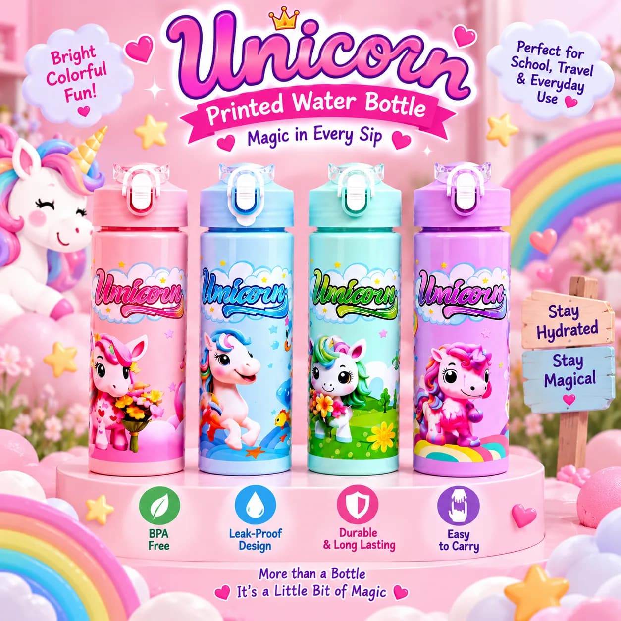 Unicorn Printed Water Bottle – 900ml 3