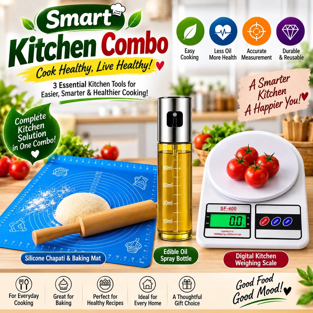 Smart Kitchen Combo – Digital Kitchen Weighing Scale + Silicone Chapati & Baking Mat + Edible Oil Spray Bottle