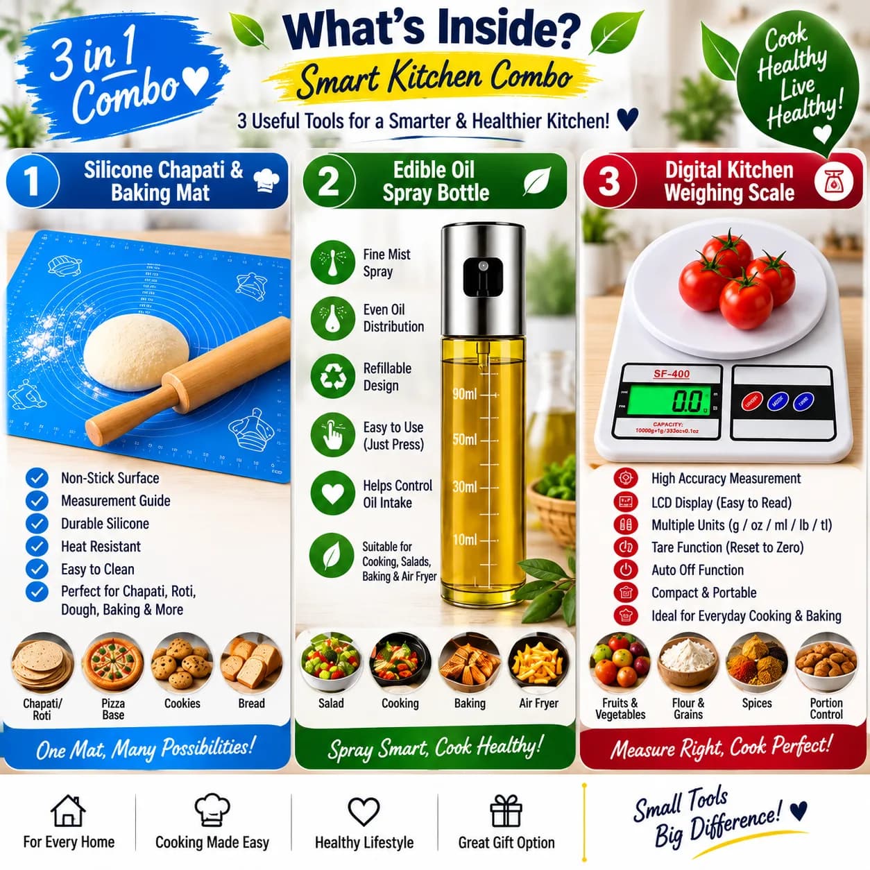 Smart Kitchen Combo – Digital Kitchen Weighing Scale + Silicone Chapati & Baking Mat + Edible Oil Spray Bottle 2