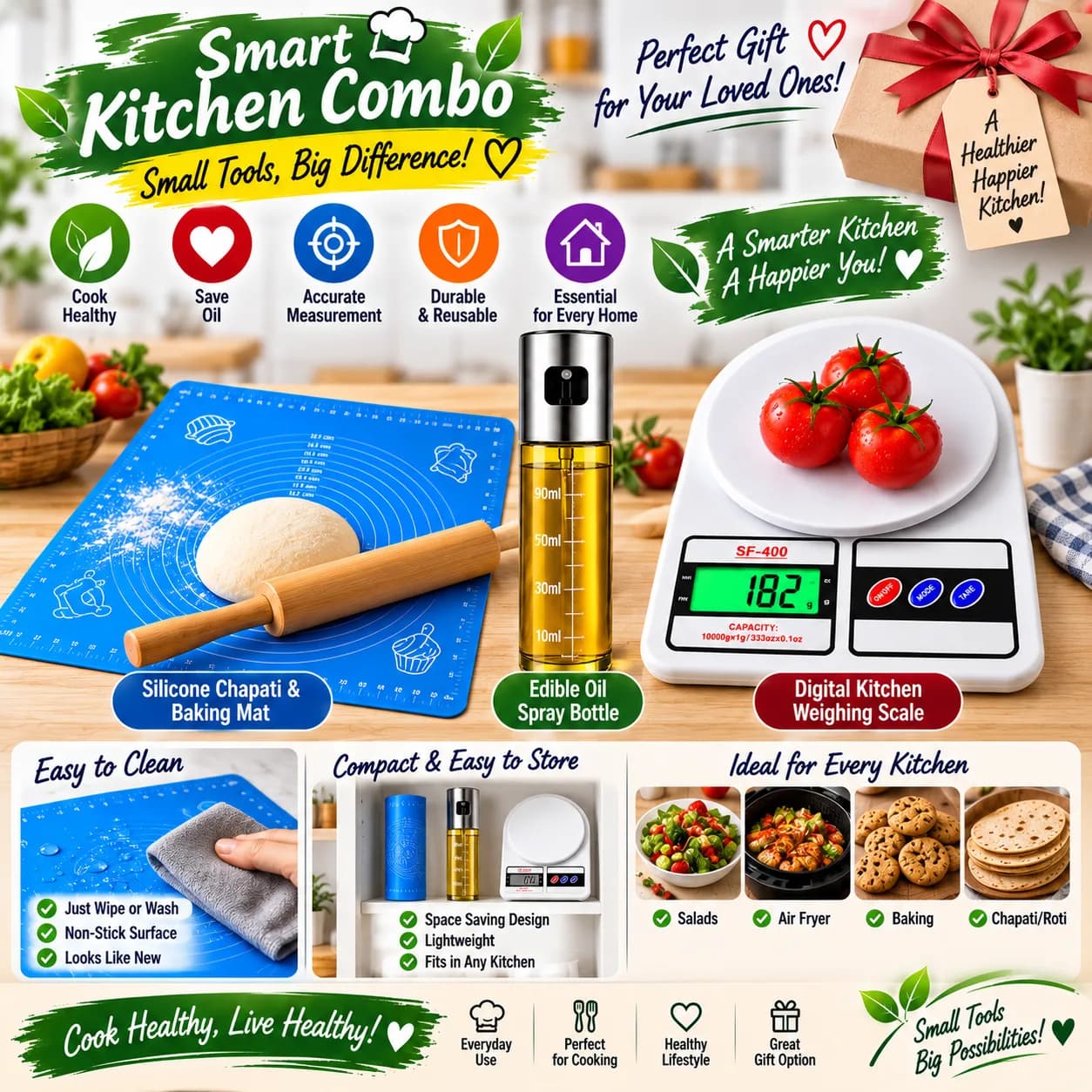 Smart Kitchen Combo – Digital Kitchen Weighing Scale + Silicone Chapati & Baking Mat + Edible Oil Spray Bottle 3