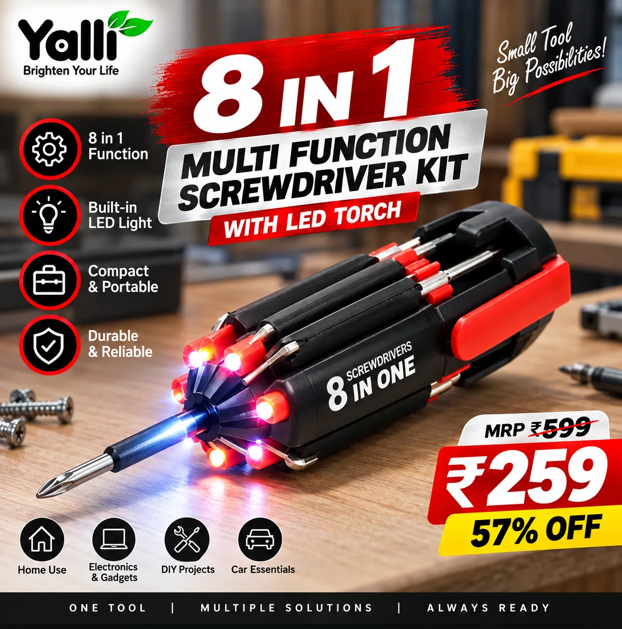 8-in-1 Multi-Function Screwdriver Kit with LED Torch