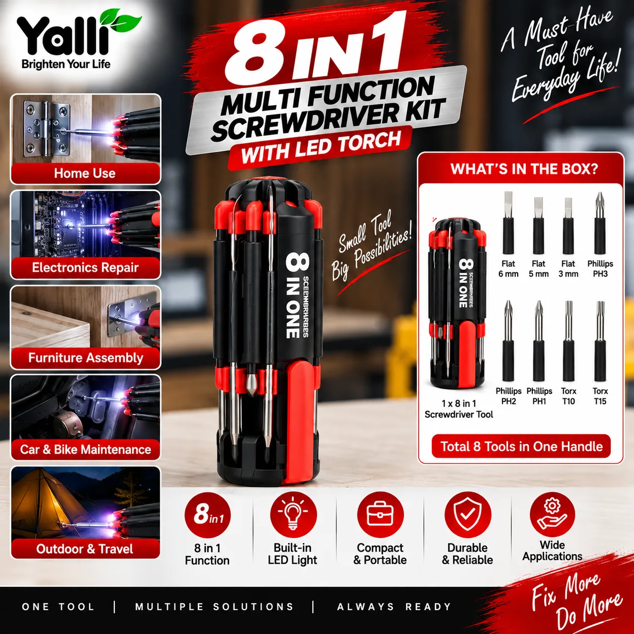 8-in-1 Multi-Function Screwdriver Kit with LED Torch 6