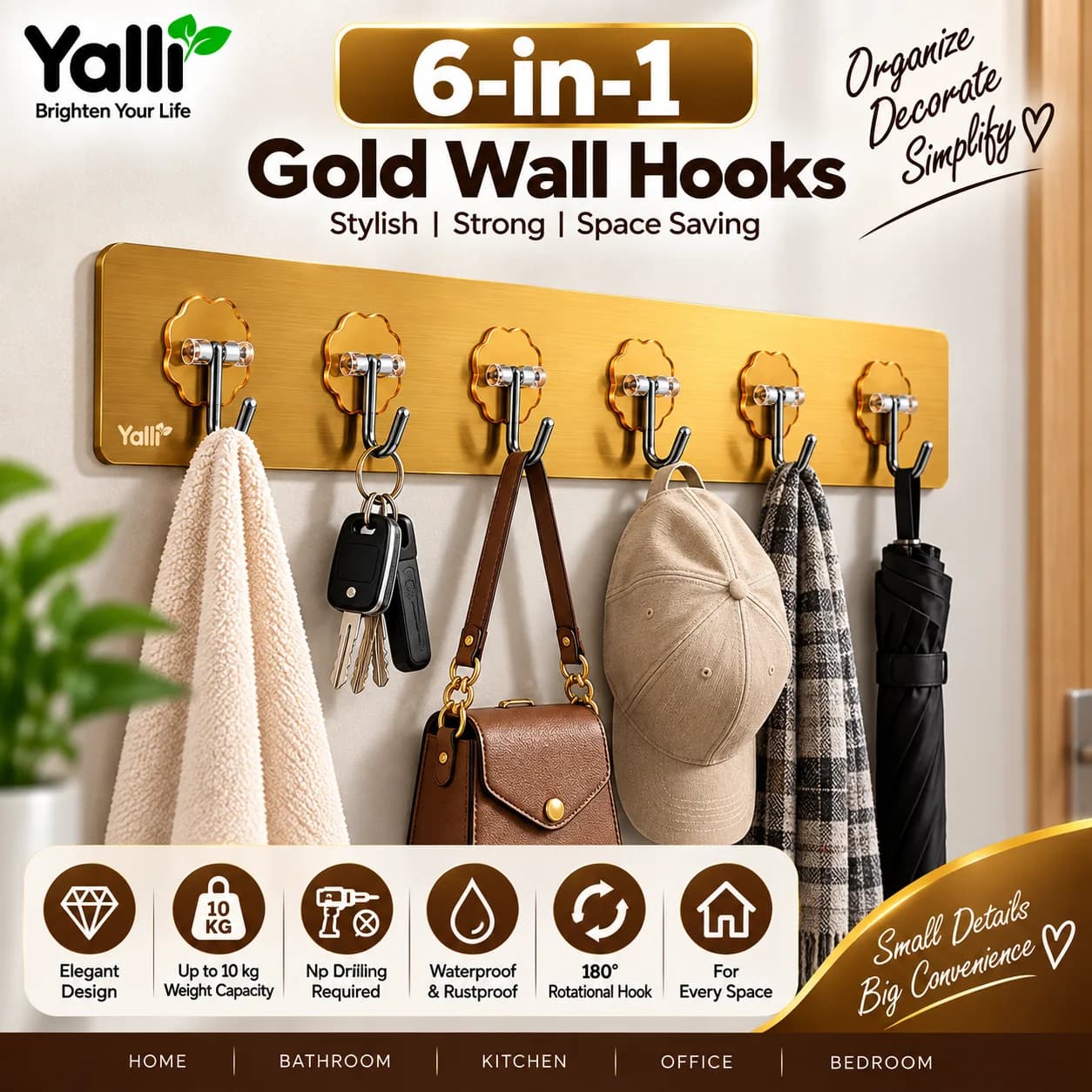 6-in-1 Gold Wall Hooks – Stylish Self-Adhesive Wall Organizer