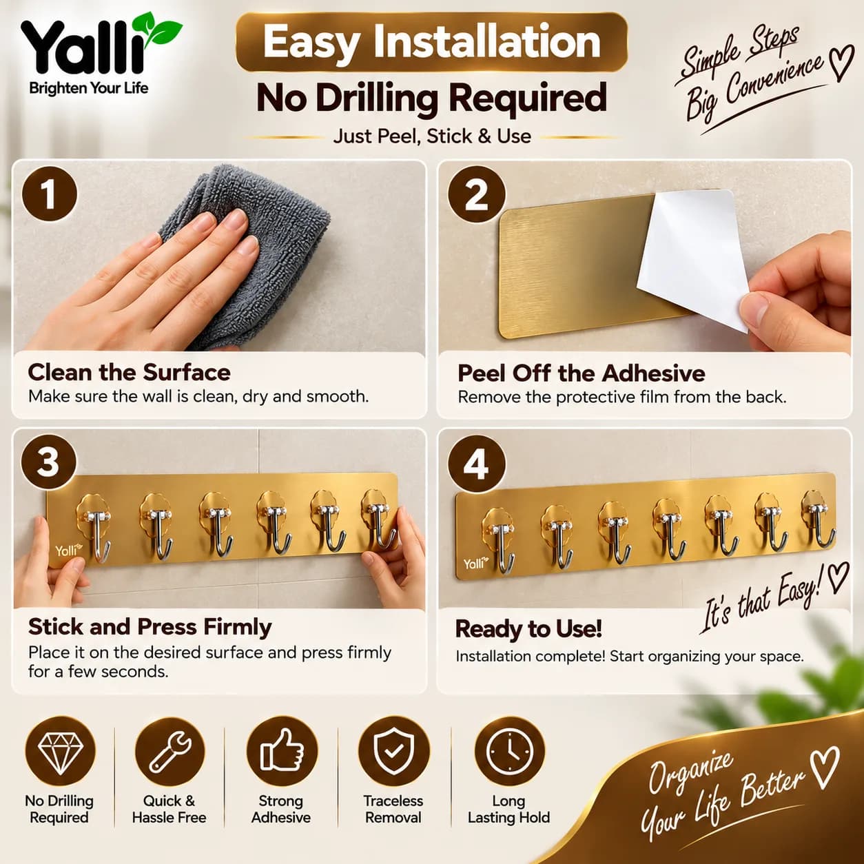 6-in-1 Gold Wall Hooks – Stylish Self-Adhesive Wall Organizer 2