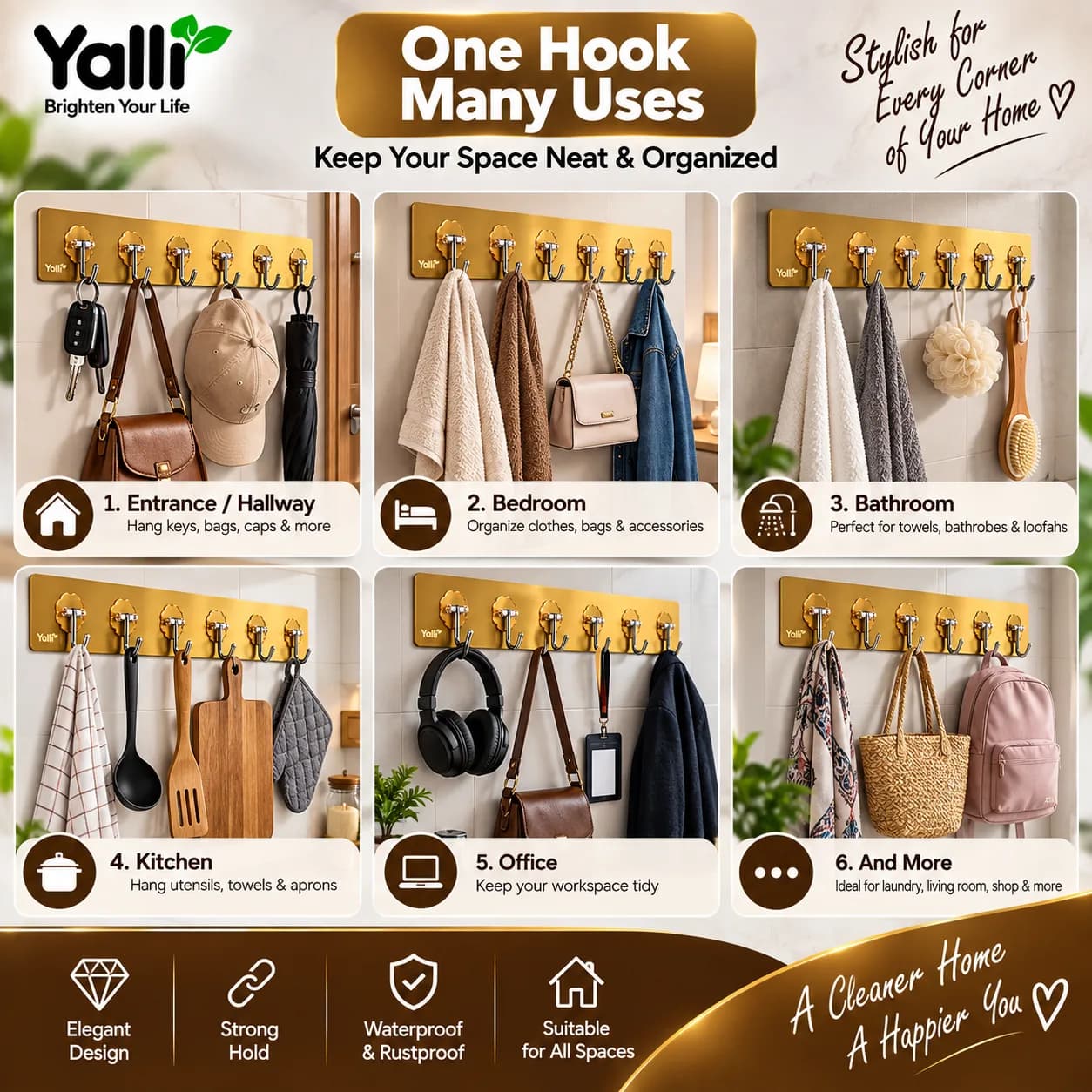 6-in-1 Gold Wall Hooks – Stylish Self-Adhesive Wall Organizer 5