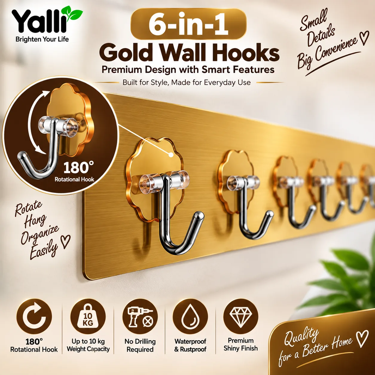 6-in-1 Gold Wall Hooks – Stylish Self-Adhesive Wall Organizer 3