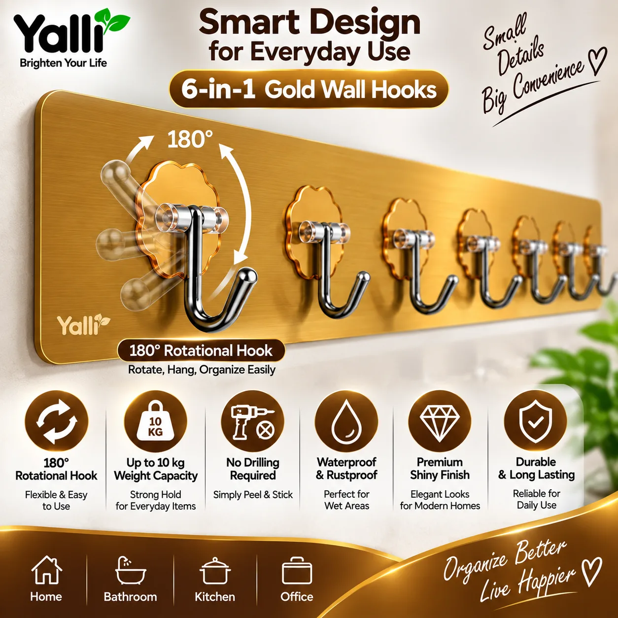 6-in-1 Gold Wall Hooks – Stylish Self-Adhesive Wall Organizer 4