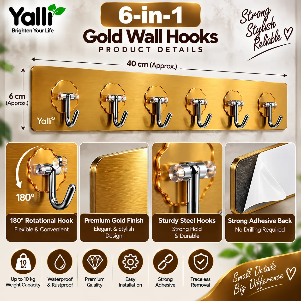 6-in-1 Gold Wall Hooks – Stylish Self-Adhesive Wall Organizer 6