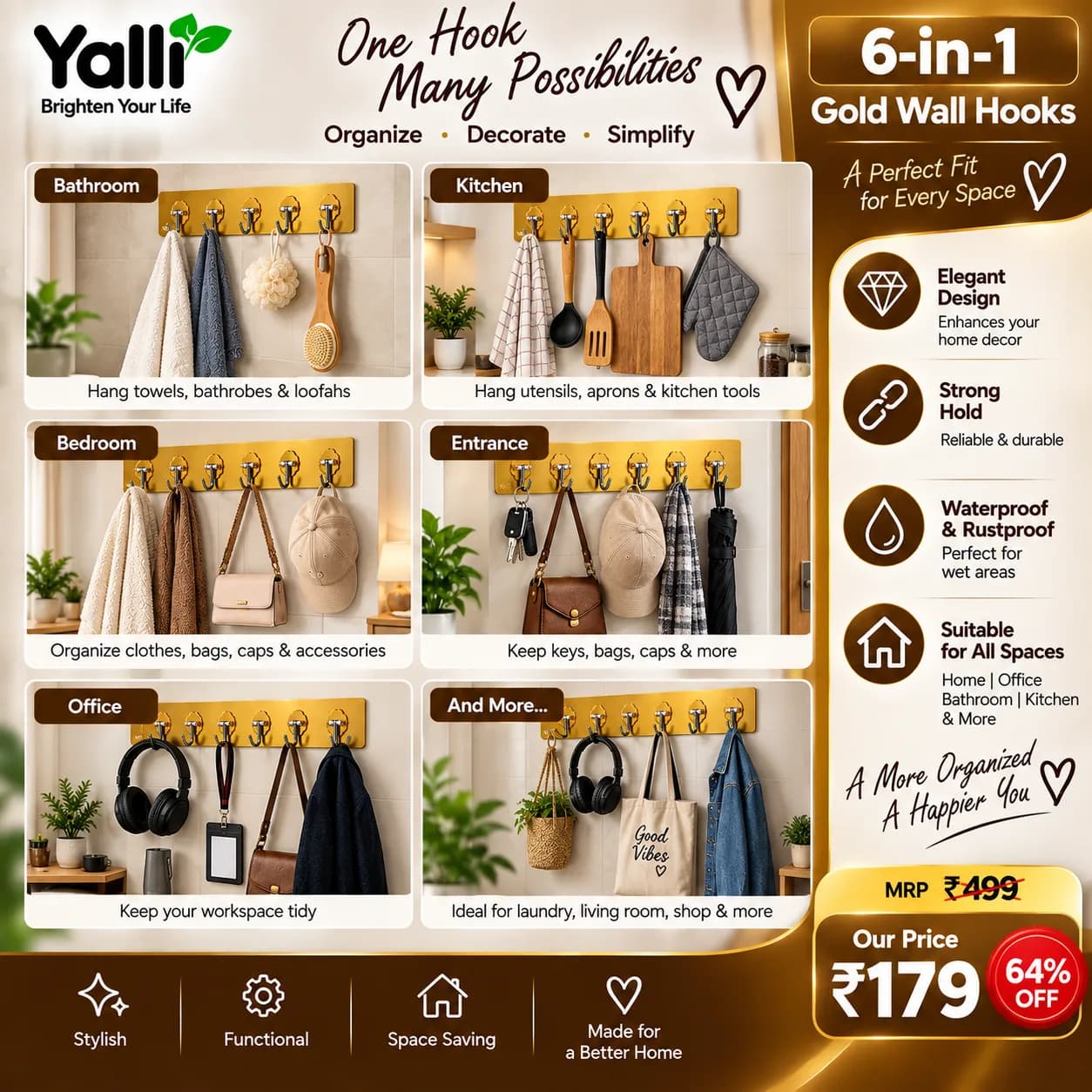 6-in-1 Gold Wall Hooks – Stylish Self-Adhesive Wall Organizer 7