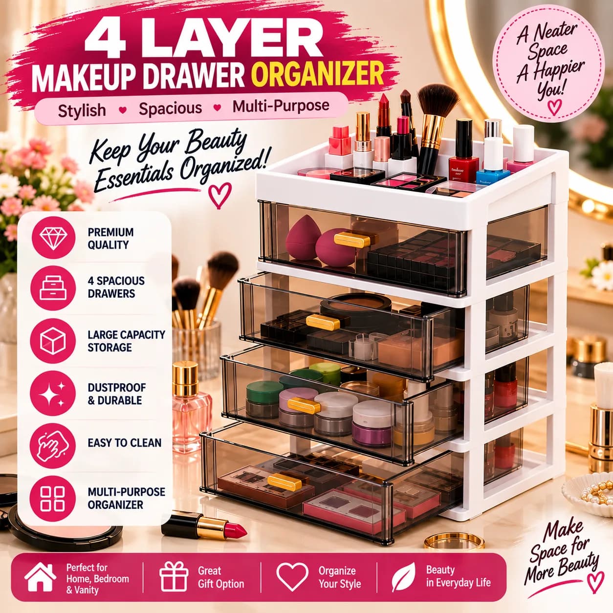 4-Layer Makeup Drawer Organizer – Cosmetic & Beauty Storage Organize