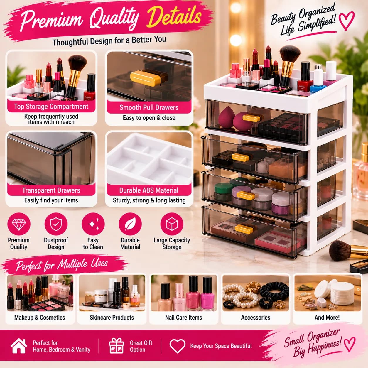 4-Layer Makeup Drawer Organizer – Cosmetic & Beauty Storage Organize 4