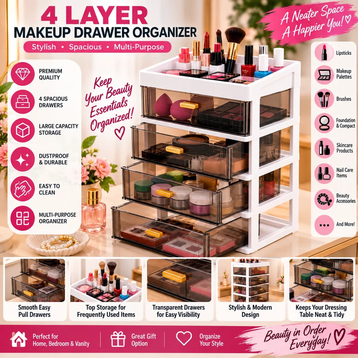 4-Layer Makeup Drawer Organizer – Cosmetic & Beauty Storage Organize 7